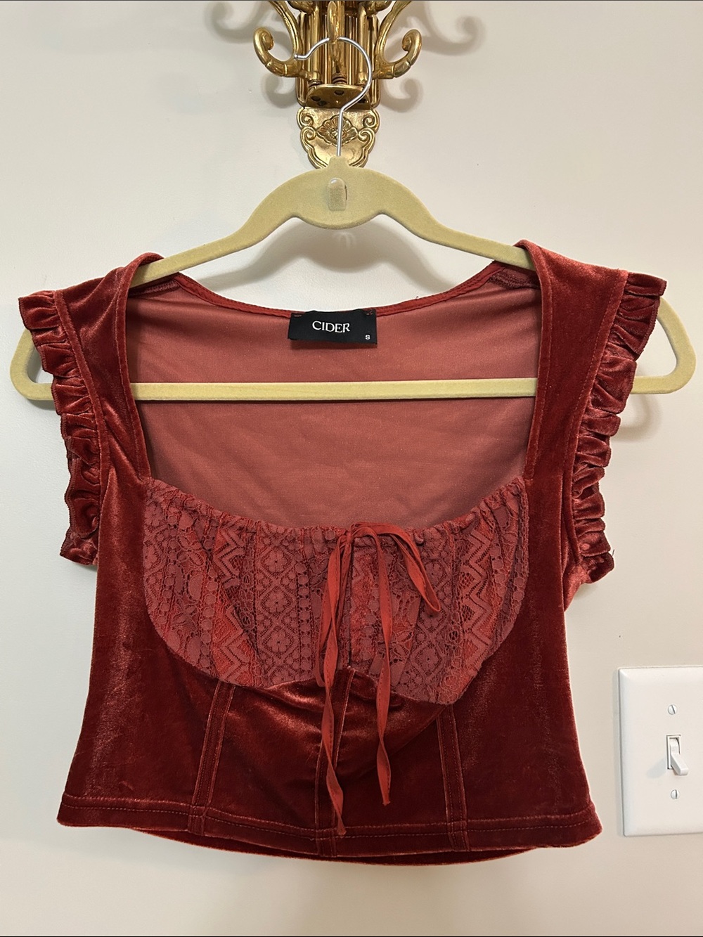 Cider Rust Velvet Lace-Front Crop Top